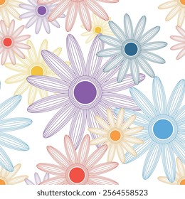 Seamless floral pattern based on traditional folk art ornaments. Colorful flowers on color background. Vector illustration. Simple minimalistic pattern.