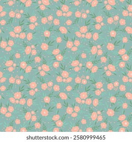 Seamless floral pattern based on traditional folk art ornaments. Colorful flowers on color background. Scandinavian style. Sweden nordic style. Vector illustration. Simple minimalistic pattern.