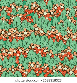 Seamless floral pattern based on traditional folk art ornaments. Colorful flowers on color background. Scandinavian style. Sweden nordic style. Vector illustration. Simple minimalistic pattern.
