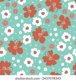 Seamless floral pattern. Beautiful background with bold flowers. Retro colors doodle style natural ornament. Hand drawn vector illustration. 