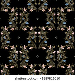 Seamless floral pattern with beautiful blooming vines. Folk retro style.