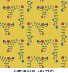 Seamless floral pattern with beautiful blooming vines. Stylized branches with leaves and flowers. Folk style. On yellow background.