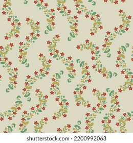 Seamless floral pattern with beautiful blooming branches. Medieval folk style. Green and gold leaves and red flowers on white background.