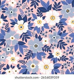 Seamless floral pattern with beautiful blue and white flower blossom garden on pink color background. Cute liberty hand drawn floral pattern for your fabric, summer background, wallpaper, textile.