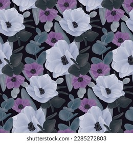 Seamless floral pattern, beautiful botanical design with watercolor tropical flora. Mystical print with large flowers, leaves in an ornate arrangement on a dark background. Vector illustration.