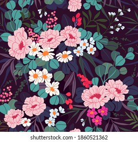 Seamless floral pattern. Beautiful bouquet of pink peonies and small flowers and leaves. Bright flowers on black square background in trendy fashion oriental style. Stock vector for prints on surface.