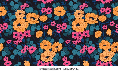 Seamless floral pattern. Beautiful bouquet of yellow peonies and small pink flowers. Bright flowers on black rectangular background in trendy fashion oriental style. Stock vector for prints on surface