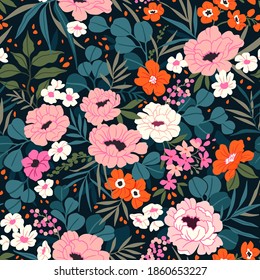 Seamless floral pattern. Beautiful bouquet of pink peonies and small flowers and leaves. Bright flowers on black square background in trendy fashion oriental style. Stock vector for prints on surface.