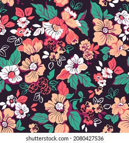 Seamless floral pattern. Beautiful bouquet of coral peonies and small flowers and leaves. Bright flowers on black background in trendy fashion oriental style. Stock vector for prints on surface