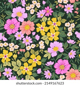 Seamless floral pattern. Beautiful bouquet of yellow and small pink flowers. Bright flowers on black background in trendy fashion oriental style. Stock vector for prints on surface design.