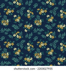 Seamless floral pattern. Beautiful bouquet of small yellow flowers and green leaves. Cute flowers on dark blue background in trendy fashion vintage style. Stock vector for print.