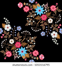 Seamless floral pattern  with beautiful bouquets of flowers in folk style isolated on black background. Print for fabric, wallpaper, wrapping design in vector.