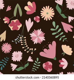 Seamless floral pattern with beautiful colorful flowers and leaves. Vintage blossom botanical decoration