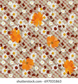 Seamless floral pattern with beautiful cosmos flowers and daisies on checkered background in warm tones. Vector summer design.