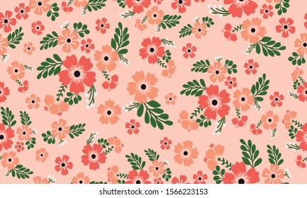 Seamless floral pattern, beautiful dark peach flower and elegant green leaves.