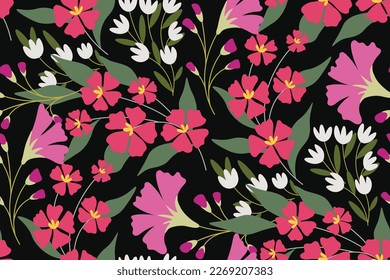 Seamless floral pattern with beautiful decorative garden in vintage style. Cute flower print, botanical design with hand drawn wild plants: small flowers, leaves, branches on a dark background. Vector