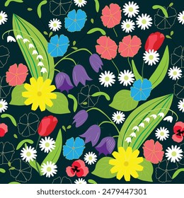 Seamless floral pattern with beautiful different flowers; Bright flowers in dark blue background; Stock vector for prints