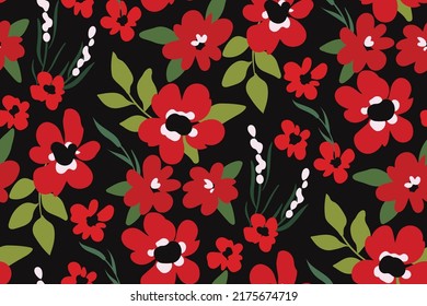 Seamless floral pattern, beautiful ditsy print with small red flowers, green foliage on a dark field. Retro style botanical background with summer meadow, hand drawn plants, flowers, leaves. Vector.