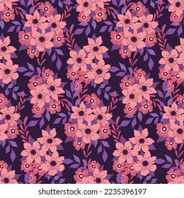 Seamless floral pattern, beautiful ditsy print with small bouquets in purple colors. Romantic flower design with tiny hand drawn flowers, leaves, lush foliage on dark background. Vector illustration.