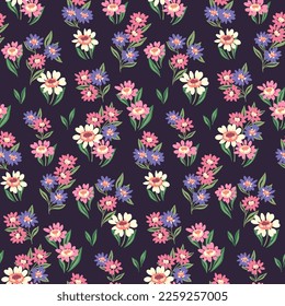 Seamless floral pattern, beautiful ditsy print with vintage motif. Pretty botanical design with small hand drawn plants: small flowers, leaves on a dark purple background. Vector illustration.