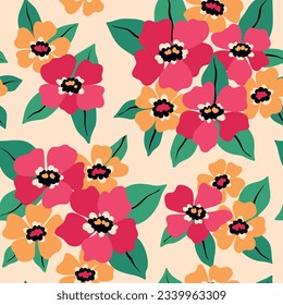 Nahtlose Blumenmuster, schöner Gaumendruck mit Zeichnung kleiner Gartenpflanzen. Einfaches botanisches Design: handgezeichnete Blumen, Blätter in Bouquets auf hellem Hintergrund. Vektorgrafik.