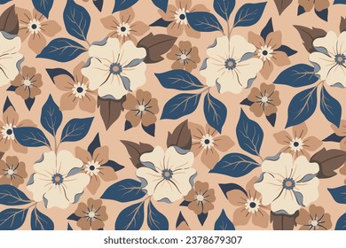 Seamless floral pattern, beautiful ditsy print in warm natural autumn colors. Cute botanical design: large and small hand drawn daisy flowers, leaves on a beige background. Vector illustration.