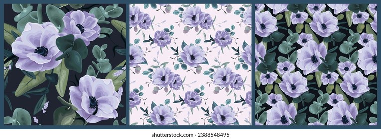 Patrón floral sin foco, hermosa huella de color marrón con plantas acuáticas en la colección. Delicado diseño botánico con grandes flores azules, hojas, botánica dibujada a mano. Ilustración vectorial.