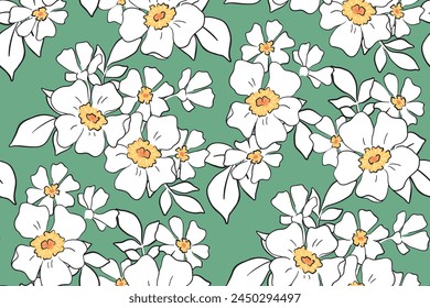 Patrón floral sin costuras, hermoso estampado ditsy, boceto adorno de flora. Diseño botánico con estilo, gráfico de naturaleza simple: flores blancas dibujadas a mano, hojas Pequeñas abstractas en verde. Ilustración vectorial.