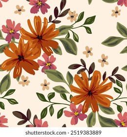 Patrón floral sin fisuras, hermosa impresión sucia, adorno abstracto en motivo vintage. Diseño botánico elegante, decoración de plantas: ramos Grandes dibujados a mano, flores Pequeñas simples, hojas. Ilustración vectorial