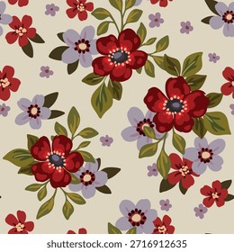 Patrón floral sin fisuras, hermosa impresión sucia de ramos pintados. Elegante Fondo de pantalla botánico y diseño textil de flores rojas dibujadas a mano, cogollos Grandes y Pequeños y hojas. Ilustración vectorial.