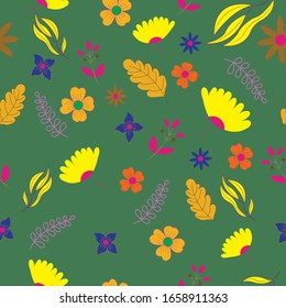 Patrón floral sin soldadura. Bonito tapiz floral. Fondo verde. Ilustración vectorial de verano.