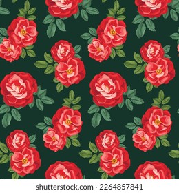 Seamless floral pattern, beautiful flower print with large red roses. Elegant botanical design in vintage style: lush hand drawn flowers, leaves on a dark green background. Vector illustration.