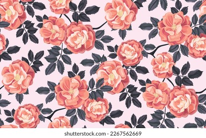 Seamless floral pattern, beautiful flower print with delicate watercolor plants. Elegant botanical design with large rose buds: hand drawn pink flowers, leaves, branches on a white background. Vector.