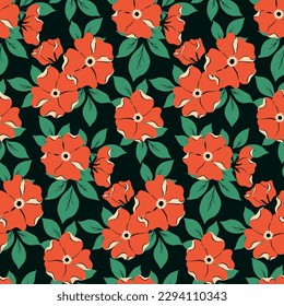 Seamless floral pattern, beautiful flower print in vintage style. Elegant botanical design for fabric, paper: hand drawn flora, large red flowers, leaves on a black background. Vector illustration.