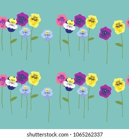 Seamless floral pattern with beautiful multicolored Pansy flowers on the stem on turquoise background. Delicate fashionable background for textiles, stylish fabrics, Wallpaper, home, tiles, decor. 