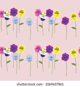 Seamless floral pattern with beautiful multicolored Pansy flowers on the stem. Delicate fashionable background for textiles, stylish fabrics, Wallpaper, home, tiles, decor.