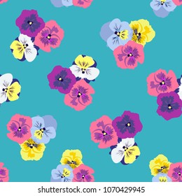 Seamless floral pattern with beautiful multicolored Pansy flowers on a trendy turquoise background. Cute stylish texture for textiles, stylish fabrics, home, tiles, decor. Millefleurs.  