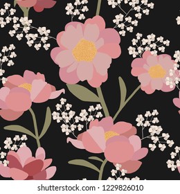 Nahtlose Blumenmuster mit schönen rosafarbenen Blumen auf schwarzem Hintergrund. Vektorillustration. 