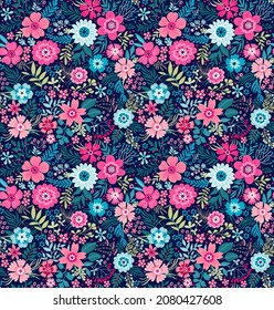Seamless floral pattern. Beautiful print of pink and small flowers and leaves. Bright flowers on dark blue background in trendy fashion abstract style. Stock vector for prints on surface.