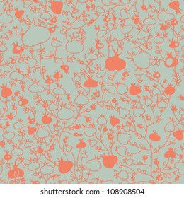 Seamless floral pattern. Beautiful ripe pomegranates. a linear pattern leaves