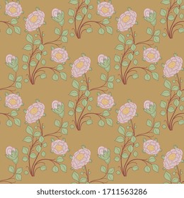 Seamless floral pattern with beautiful rose branches. Folk style.