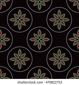 Seamless floral pattern. Beautiful tiled geometric background with red, green and white dotted flower mosaic in circles. Vector Illustration.