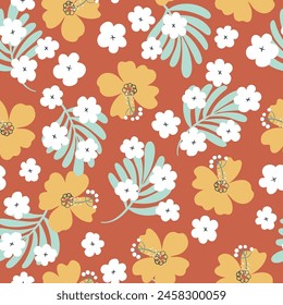 Seamless floral pattern. Beautiful tropical background with bold flowers and palm leaves. Retro colors doodle style natural ornament. Hand drawn vector illustration for fabric, paper, card, poster.
