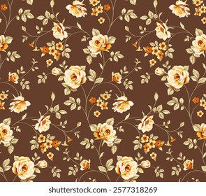 Seamless floral pattern with beautiful vintage rose and decorative leaf silhouette. Wallpaper with abstract yellow rose flower, green leaf on brown background. Vector stock illustration.