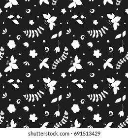 Seamless floral pattern with bees, honey, flowers, hive and other object. White silhouette on dark background