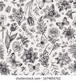 Seamless floral pattern with beetles,  butterflies and garden flowers. Vector botanical illustration. Cute summer and spring background. Black and white.