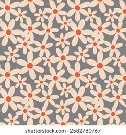 Seamless floral pattern with beige daisies and orange centers on a gray background. Modern design for fabrics, wallpapers, packaging, and creative projects.