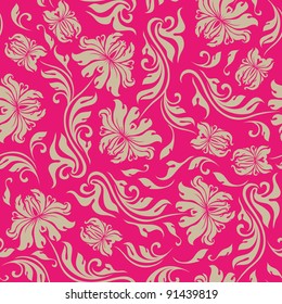 Seamless floral pattern. Beige flowers on a red background.