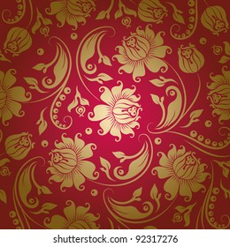 Seamless floral pattern. Beige flowers on a red background. EPS10