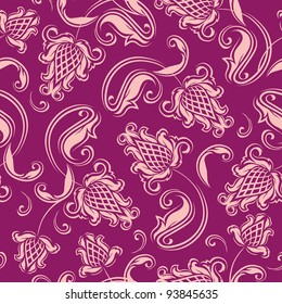 Seamless floral pattern. Beige flowers on a purple background.